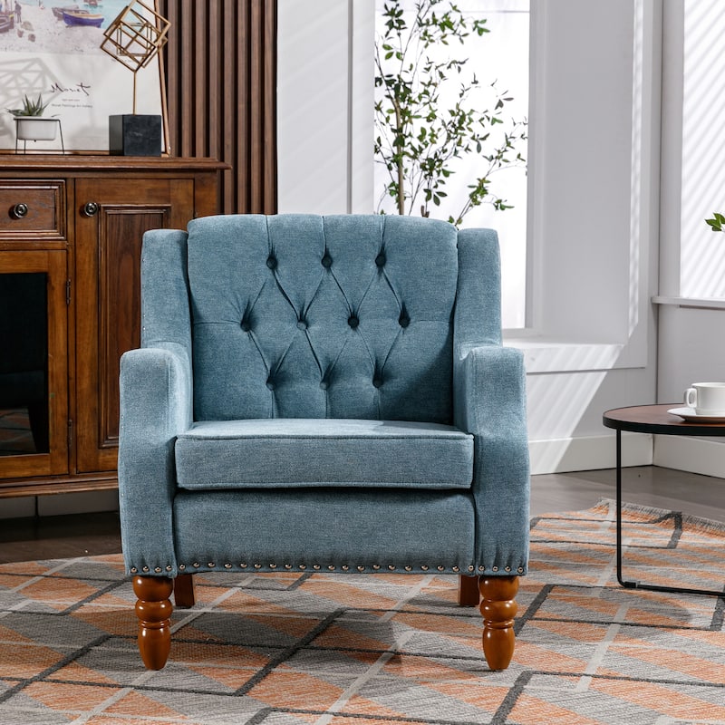 Linen Upholstered Accent Chair with Solid Wood Legs,Mid-Century Modern Single Lounge Sofa Chair for Living Room and Bedroom