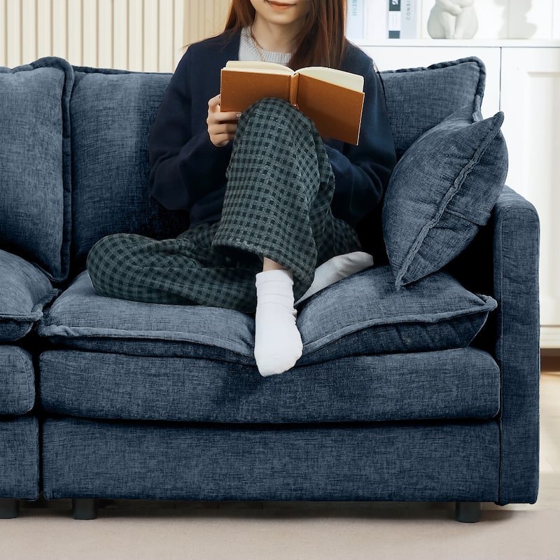 Chenille Chaise Sectional Sofa with Ottoman and 3-layers Cushions