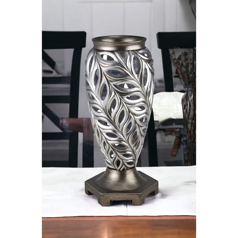 16" Gray and Silver Leaf Polyresin Round Urn Vase - 7.25