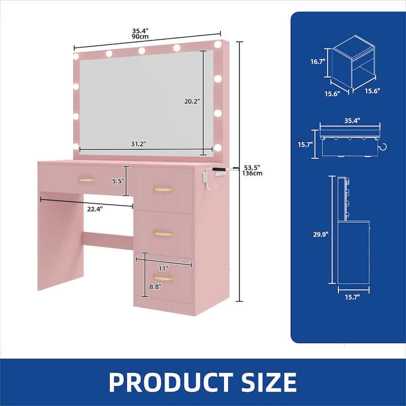Vanity Desk Makeup Table Light Strip Mirror Dressing - 35.4"L x 15.7"W x 53.5"H