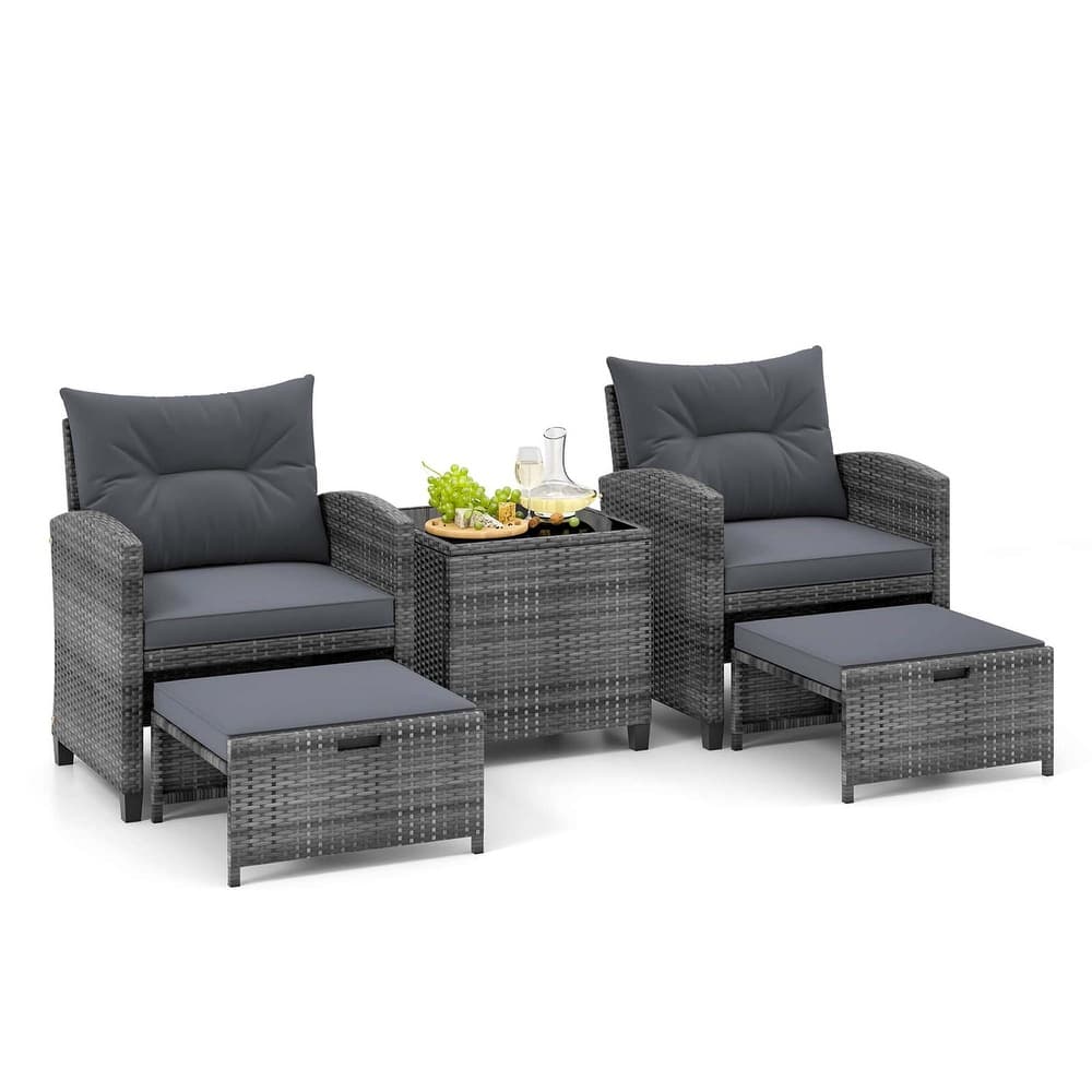 Gymax 5 PCS Rattan Furniture w/ 2 Ottomans & Tempered Glass Coffee