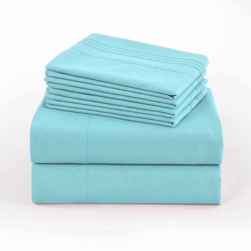 4/6 Pcs Soft Solid & Embroidery Bed Sheets Set - Twin - Aqua Blue