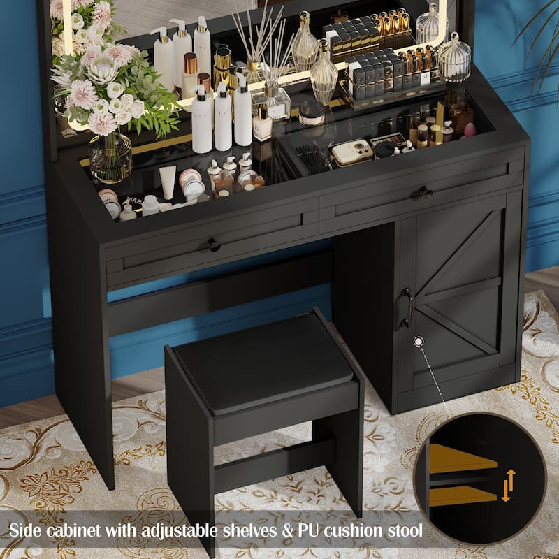 Roomfitters Farmhouse Vanity Desk with Hollywood Makeup Mirror and Lights, Vanity Table with Barn Door with 2 Drawers