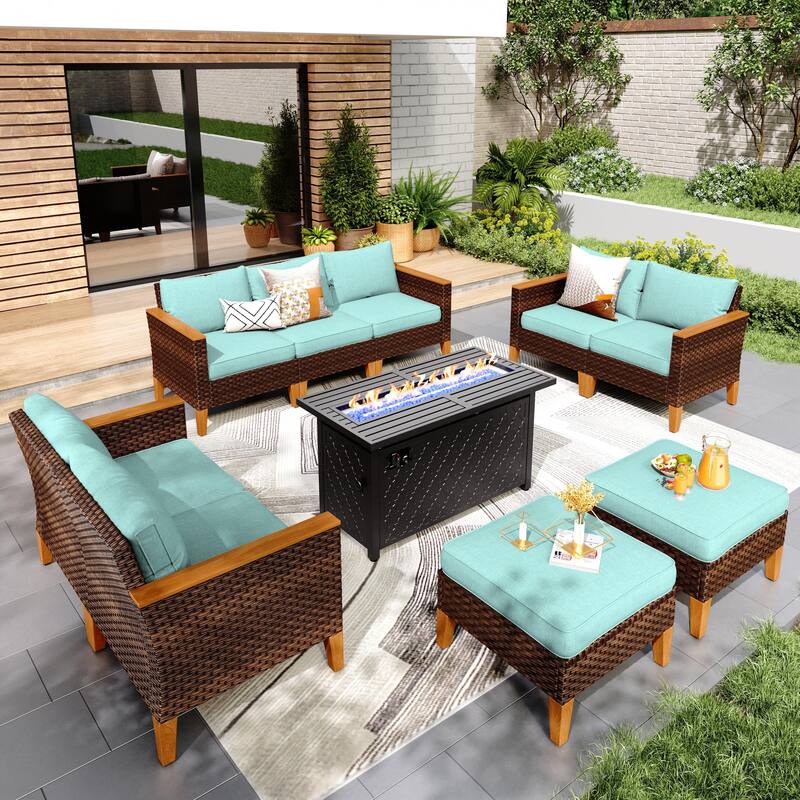 8-Piece Patio Outdoor Wicker Sectional Sofa Set, Large Seating Furniture Conversation Sets with Fire Pit Table - 9-Seat - Type G