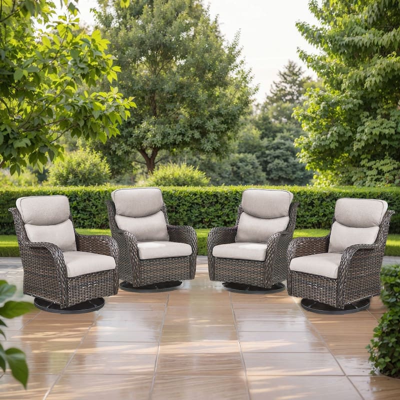 4 Pieces Outdoor Gliders Swivel Chairs Set with 5-Inch Thick Cushions - Brown Rattan - Beige Cushion - 4PCS Swivel Chairs