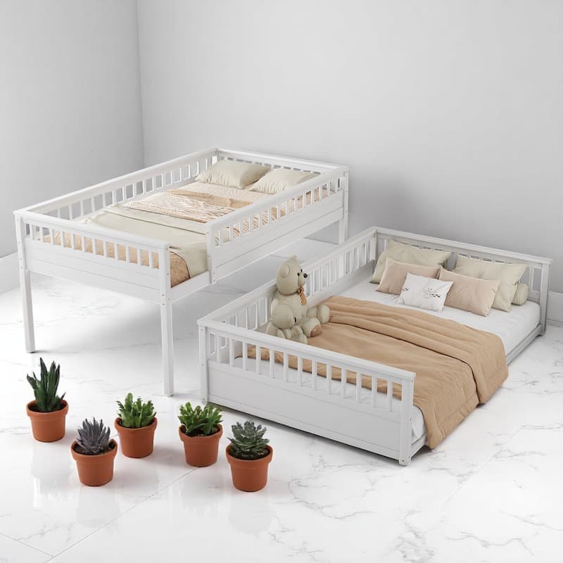 Convertible Twin XL Over Queen Size Bunk Bed with Safety Rails, Ladder and Wood Slats, No Box Spring Needed