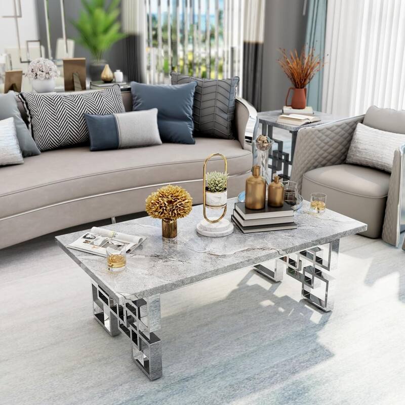 Faux Marble Coffee Table with Metal Legs for Living Room Office