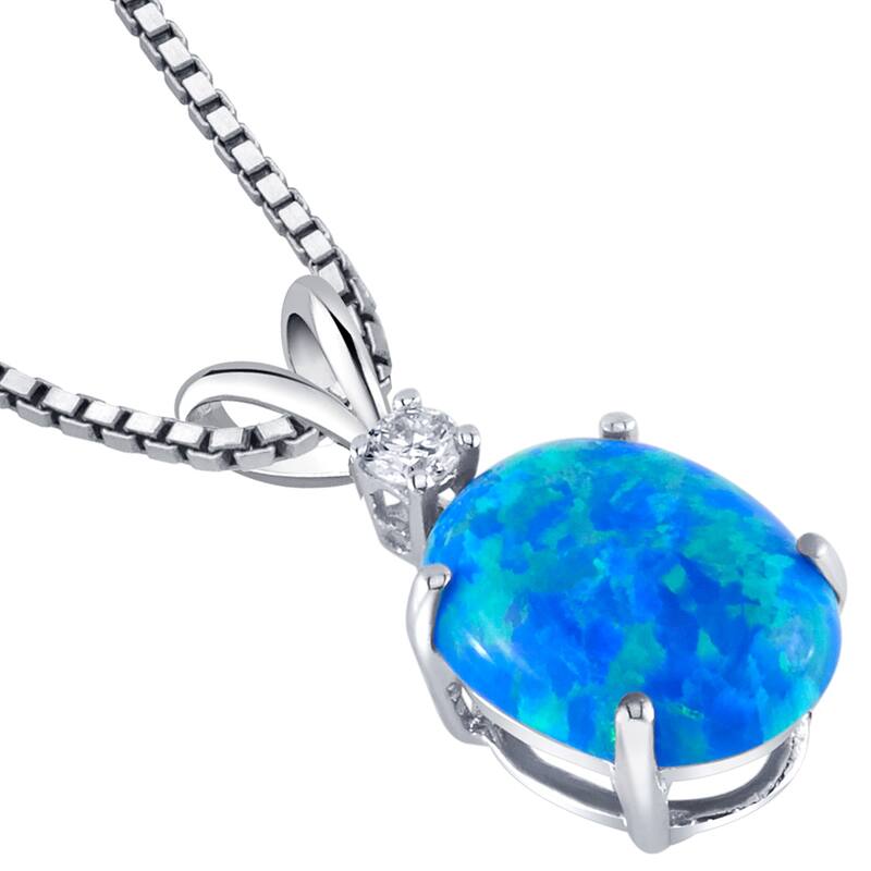 14k White Gold Gold Oval Shape Created Blue Opal Diamond Pendant