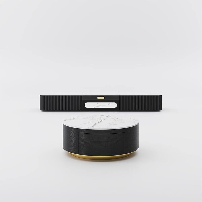 Modern TV Stand for Projector, Sintered Stone TV Cabinet with Drawers for Home Theater, Oak Veneer MDF, Black & White