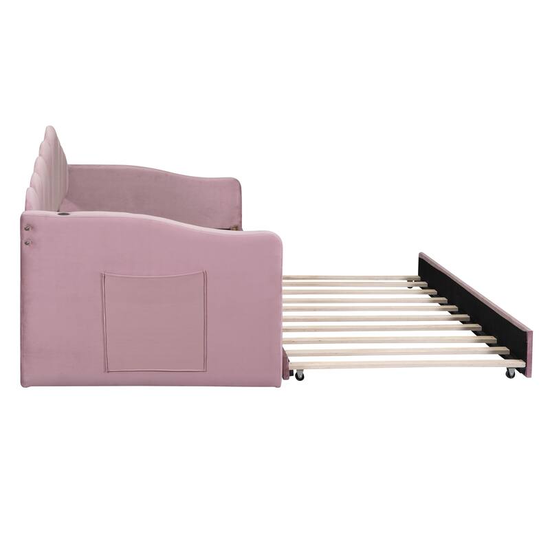 Twin Size Velvet Sofa Bed with USB Charging Ports and Trundle, Pink
