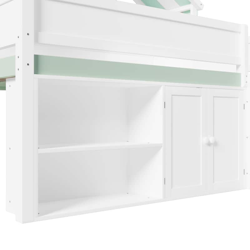 GDFStudio - Solid Wood Full Size Loft Bed with Canopy & Storage Cabinet