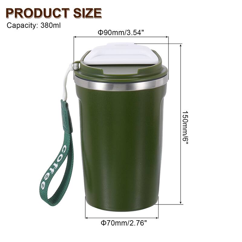 Insulated Travel Mug, 13 Oz Coffee Cup with Leakproof Lid and Lanyard - Green
