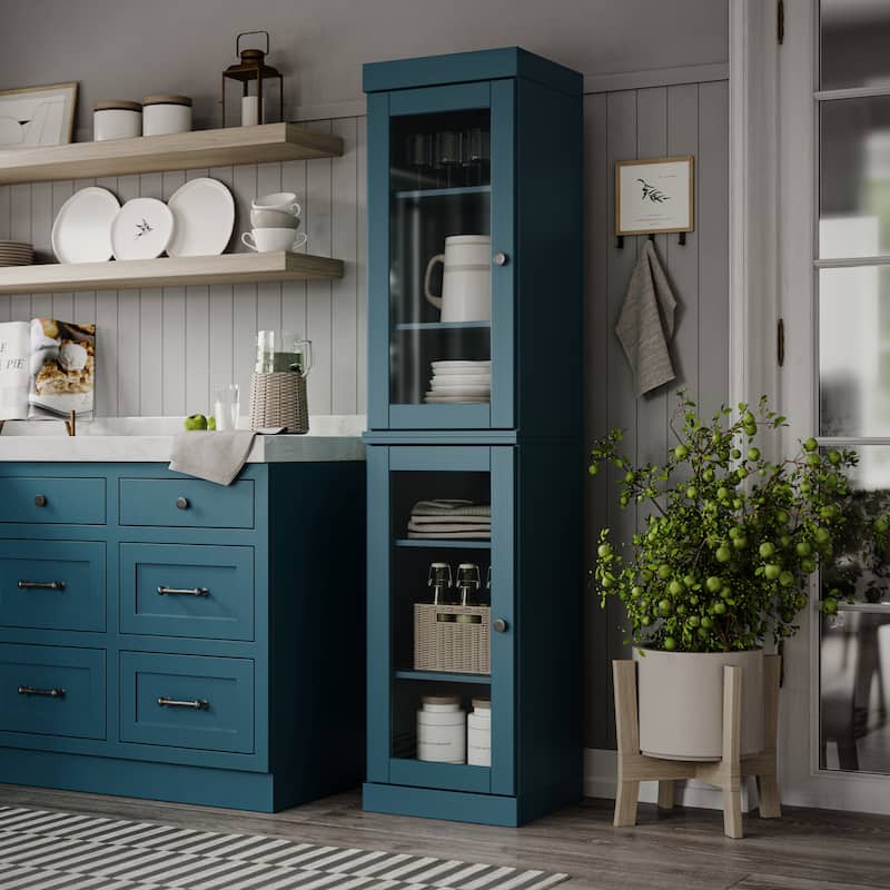100% Solid Wood 16.5" Kitchen Pantry Cabinet with Doors by Palace Imports - Teal Blue - Clear Glass