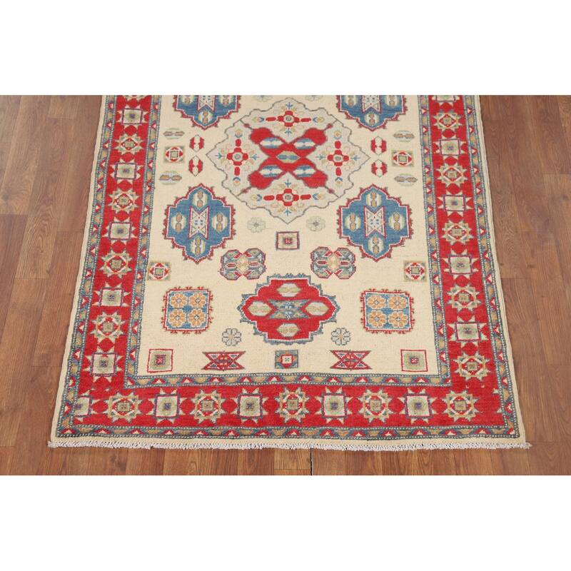Ivory Kazak Accent Rug Handmade Wool Carpet - 3'8" x 5'7"