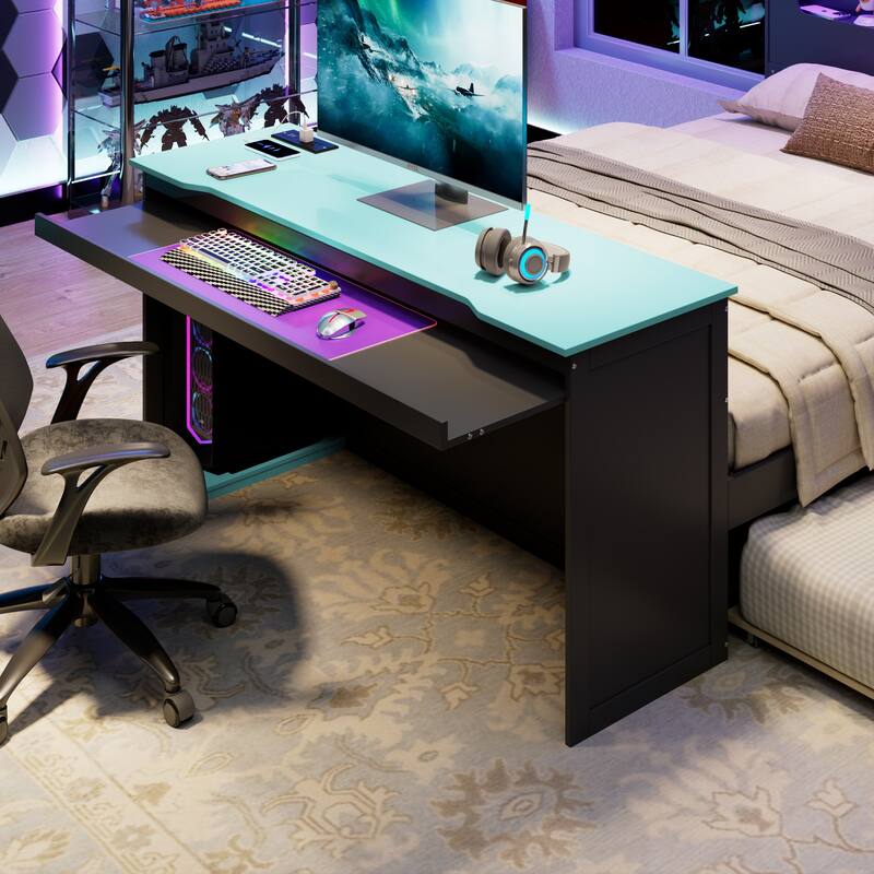 Wood Daybed with Trundle & Built-in Desk, LED Lights & USB Charging Port, Available in Full or Twin