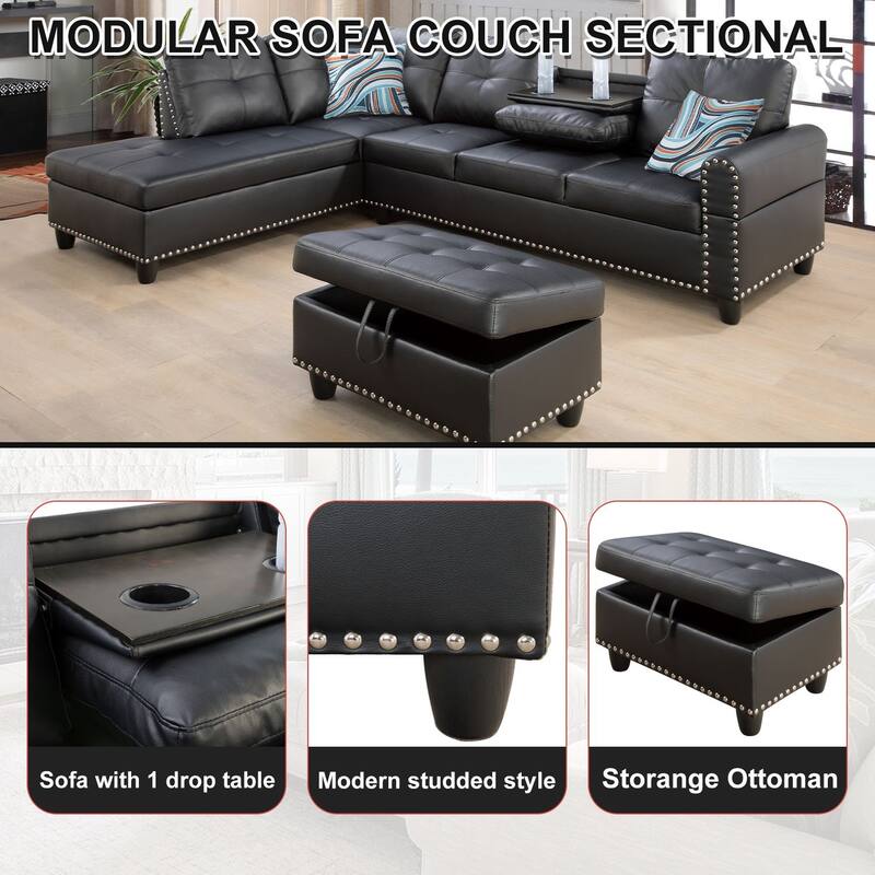 Black Faux Leather Synthetic Leather 3-Piece Sofa Set