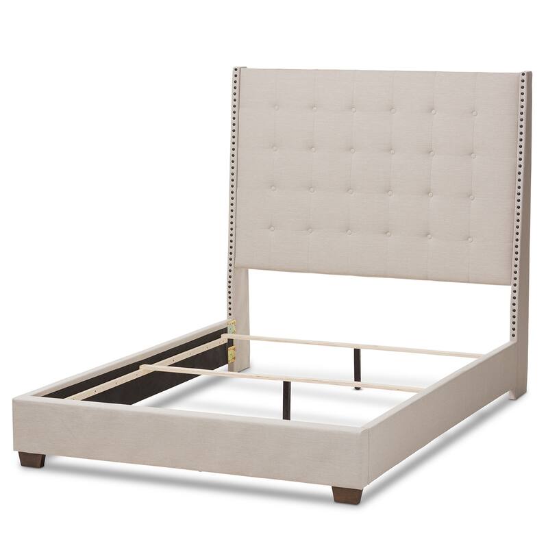 Light Beige Upholstered Bed - Tall Button-Tufted Headboard - Fabric Bed Frame - 63"W x 78"W