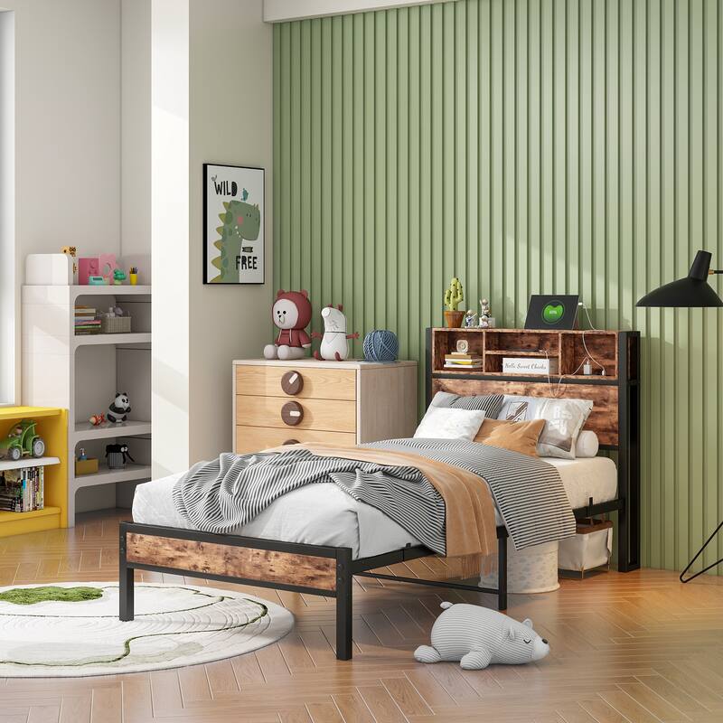 LED Twin Bed Frames Metal Platform Bed with Charging Station and Bookcase Storage