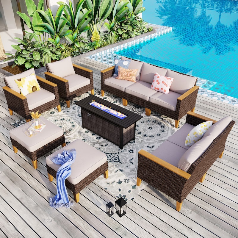 8-Piece Patio Outdoor Wicker Sectional Sofa Set, Large Seating Furniture Conversation Sets with Fire Pit Table