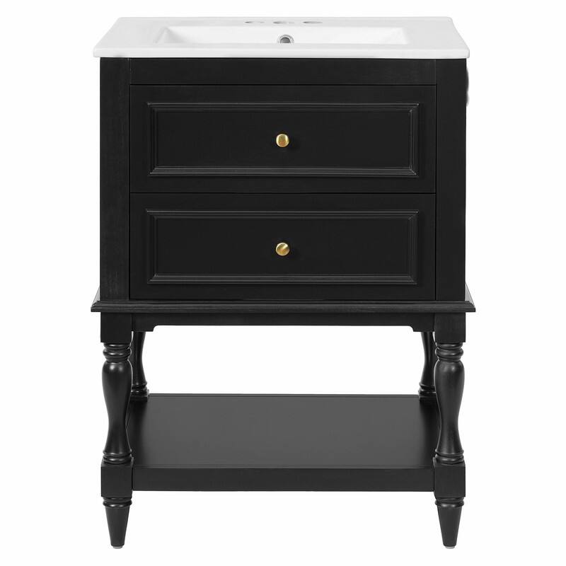 24" Bathroom Vanity with Ceramic Sink, Retro Open-Shelf Cabinet with 2 Drawers