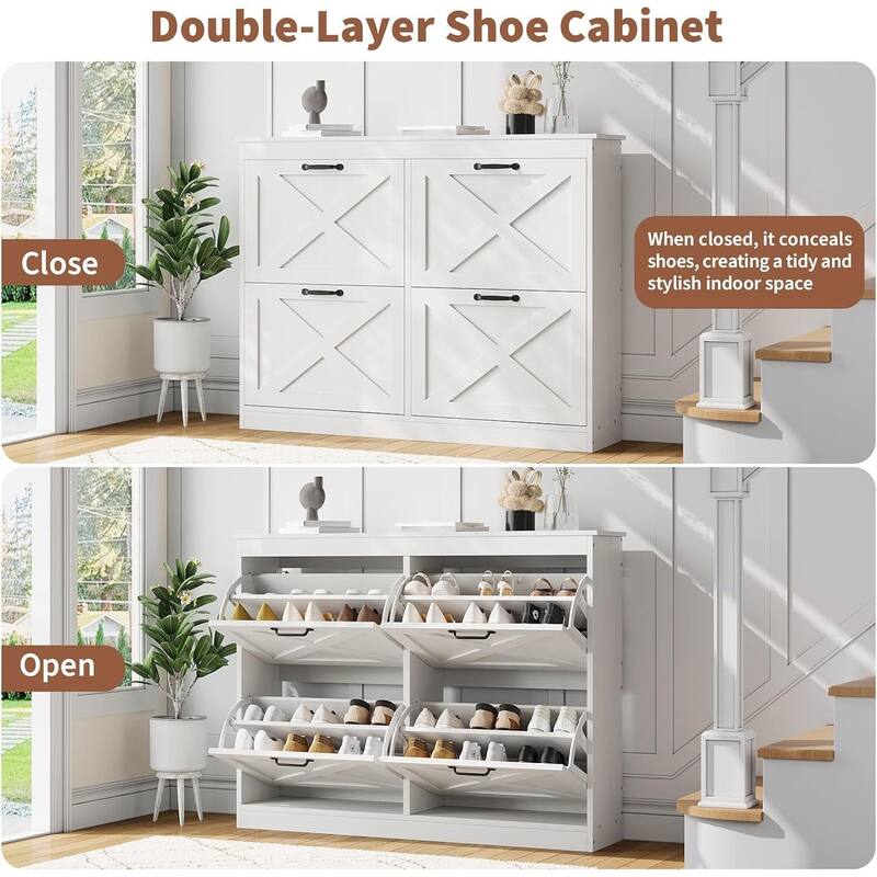 4 Turn Drawers Rattan Entryway Shoe Storage Cabinet, Freestanding Organizer, White