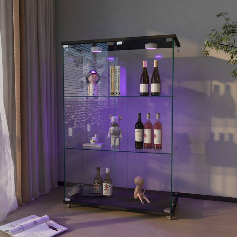 Modern Glass Display Cabinet with LED Lights, Quick-Assembly 2-Door Bookcase with Tempered Glass & Black Frame