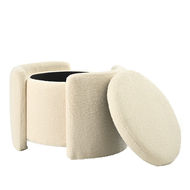 Round Ottoman teddy fleece cushioned footpads living room and bedroom footstool with storage space
