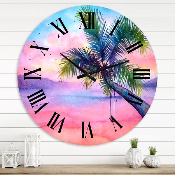 slide 1 of 11, Designart 'Vivid Sunset Landscape With Palm and Swing' Nautical & Coastal wall clock 36 In. Wide x 36 In. High