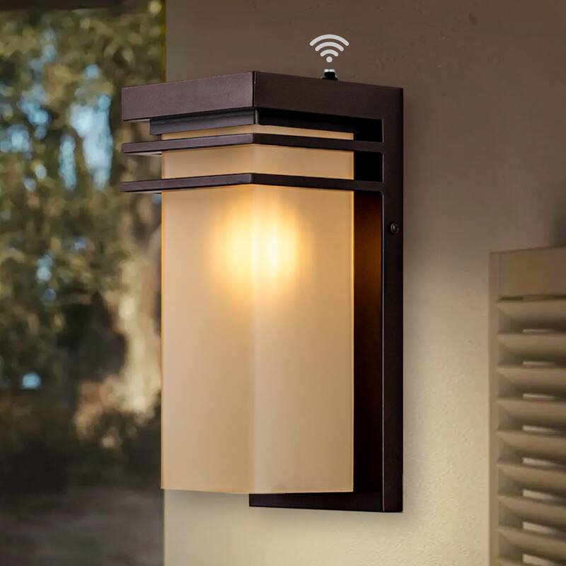 12" H Modern Bronze Outdoor Wall Sconce with Antique Amber Glass, E26 Base - Dusk to Dawn Sensor - 1 Pack