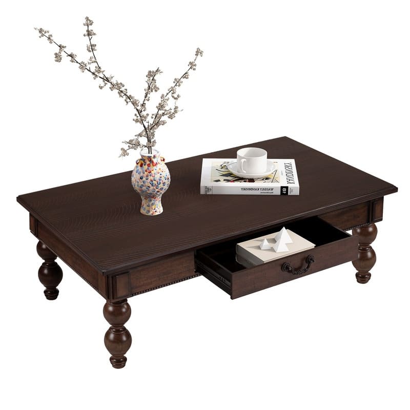 Rectangular 47" Wooden Coffee Table with Storage Drawer, Vintage Cocktail Table with Solid Wood Legs for Living Room Elegance