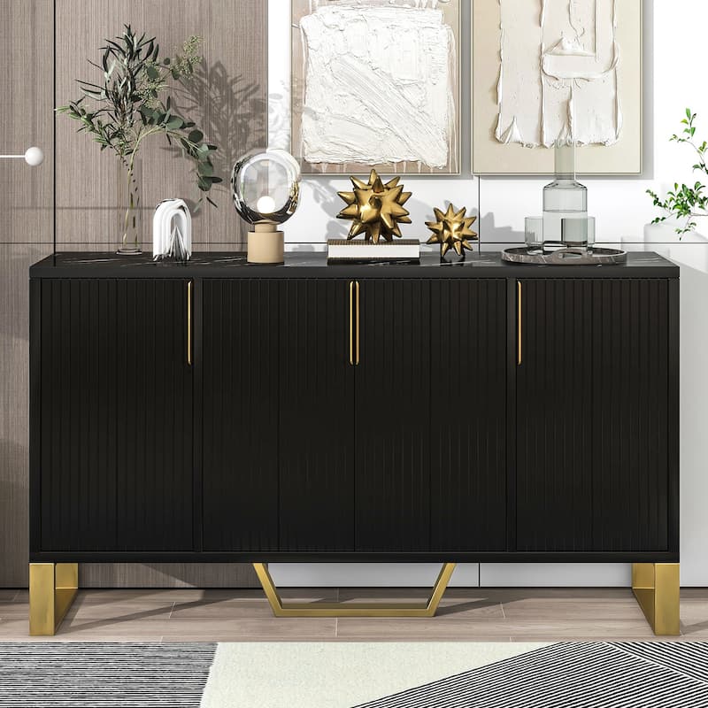 Modern sideboard with Four Doors, Metal handles & Legs and Adjustable Shelves Kitchen Cabinet - Black