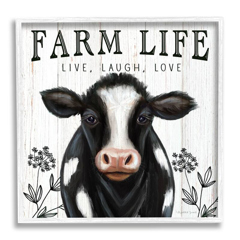 Stupell Farm Life Dairy Cow Sign Wildflower Florals Framed Wall Art - Black