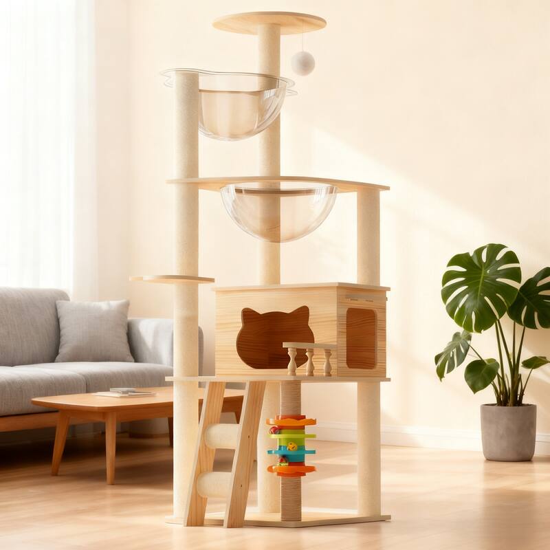 59" Modern Cat Tower, Wood Cat Tree Tower for Indoor Cats, Cat Treewith Sisal-Covered Scratching Posts and Top Perch, Cat Condo