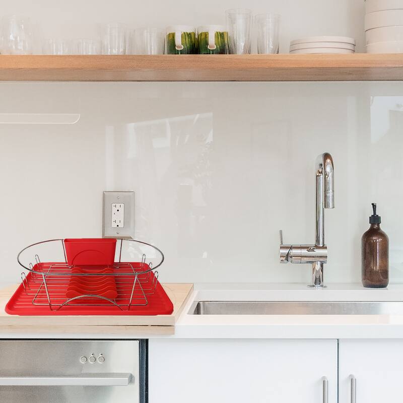 MegaChef Stainless Steal Dish Drying Rack with Drying Mat in Red