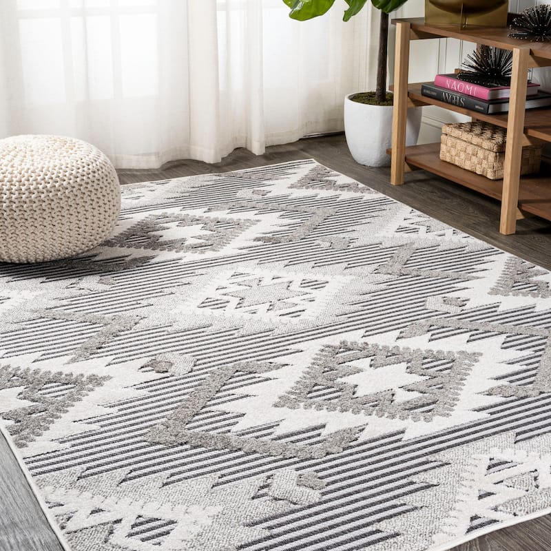 JONATHAN Y Duwun High-Low Pile Neutral Diamond Kilim Indoor/Outdoor Area Rug
