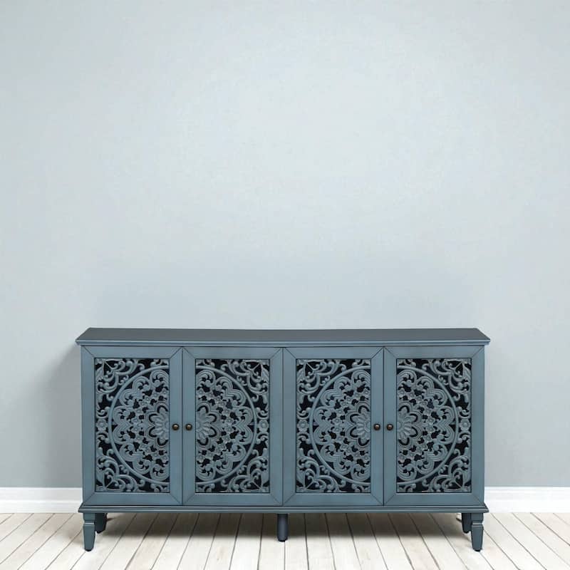 60" Antique Buffet Sideboard with Floral Carvings, Solid Wood Legs, Brass Handles & Adjustable Shelves, TV Stand up to 65"