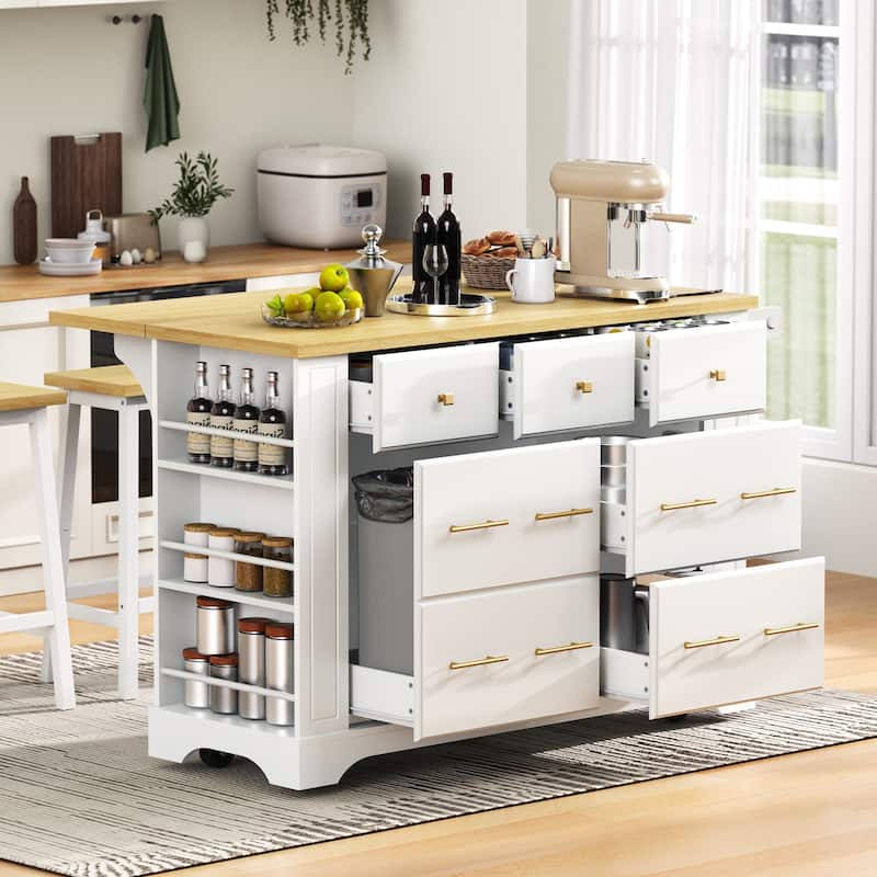 Rolling Kitchen Island Cart on 5 Wheels with 6 Drawers, 5 Open Side Racks, Pull Out Trash Can Storage, Drop Leaf, Power Outlet