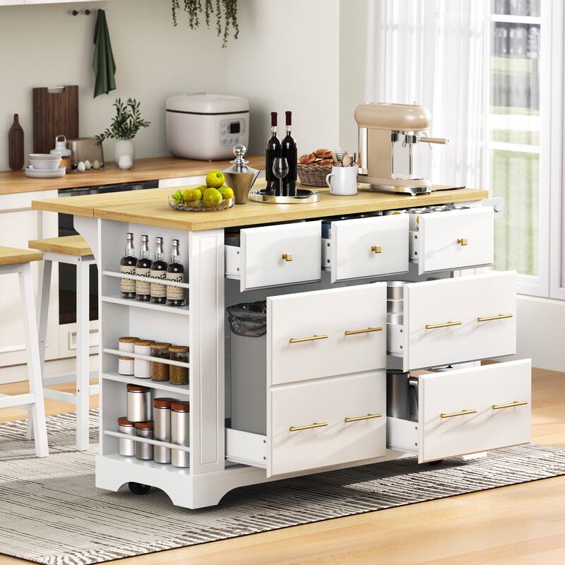 Rolling Kitchen Island with Drop Leaf, 6 Drawers, 5 Wheels, Pull Out Trash Can Storage, Power Outlet & 5 Open Side Racks