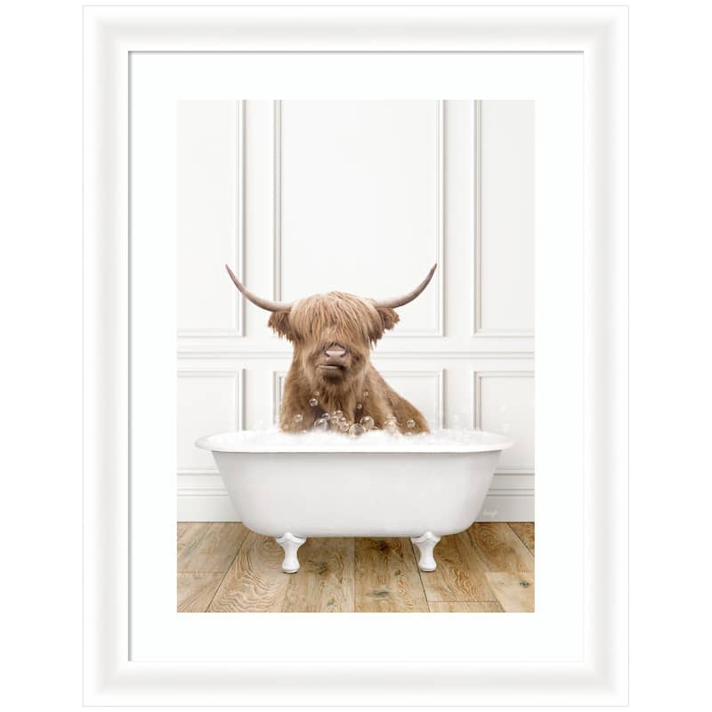 Kate and Laurel Highland Cow in Traditional Vintage Bathtub by Amy Peterson Framed Wall Art Print - 21 x 27 - White