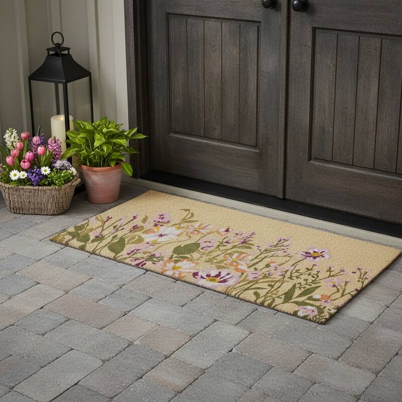 HomeRoots 18" X 40" Brown Green And Purple Floral Outdoor Coir Door Mat - 18.00' X '40.00 - 18.00' X '40.00