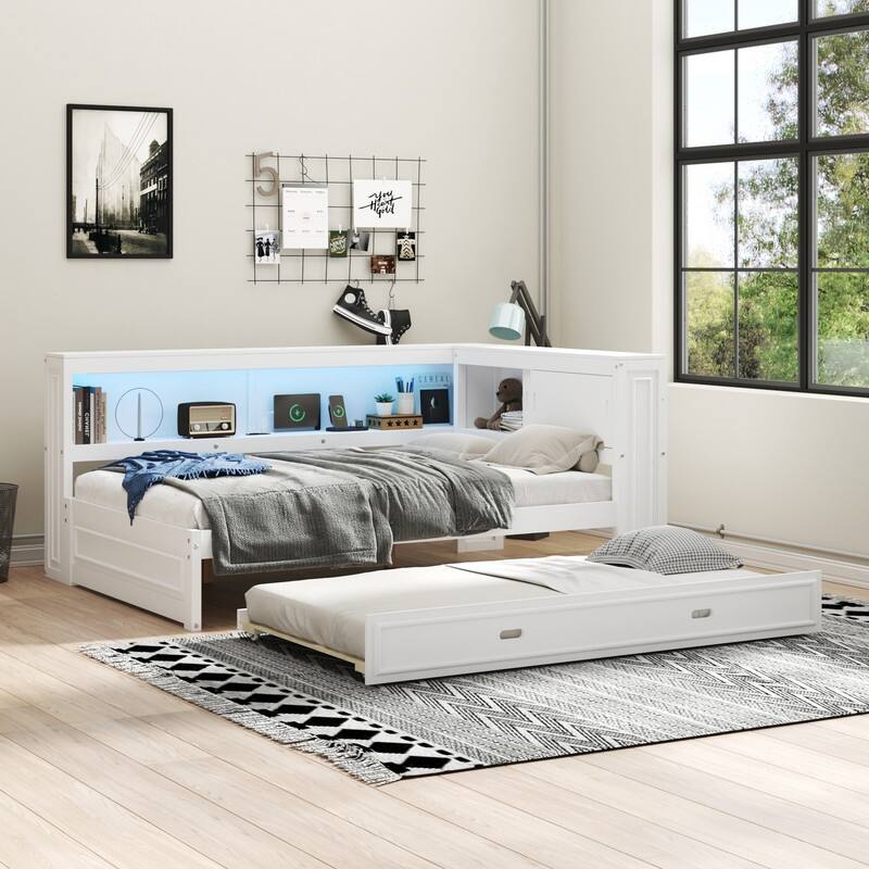 Full Size Wood Daybed with Storage Shelf and Charging Station, LED Lighting Platform Bed Frame with Twin Size Trundle - White