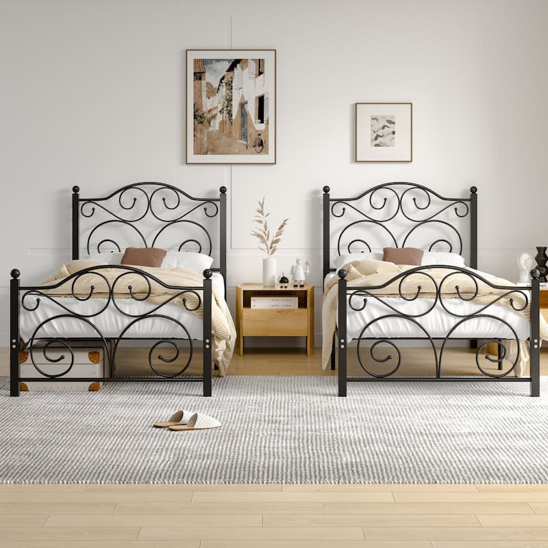 Javlergo 2-Pack Twin Size Victorian Metal Bed Frame for Kids with Headboard & Footboard No Box Spring Needed - Black