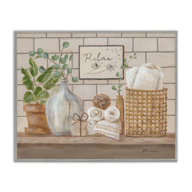 Stupell Uplifting Bathroom Spa Relax Scene Framed Giclee Texturized Wall Art, Design By Pam Britton - 20 x 16 - Grey