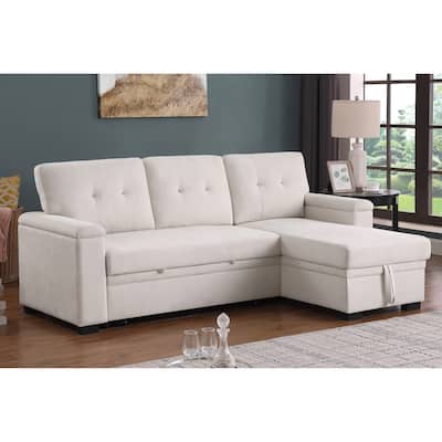 84.5"W Beige Woven Reversible Sleeper Sectional Sofa with Storage Chaise, 53x84x34 inches, 188 lbs