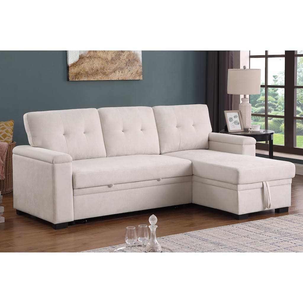 84.5"W Beige Woven Reversible Sleeper Sectional Sofa with Storage Chaise, 53x84x34 inches, 188 lbs