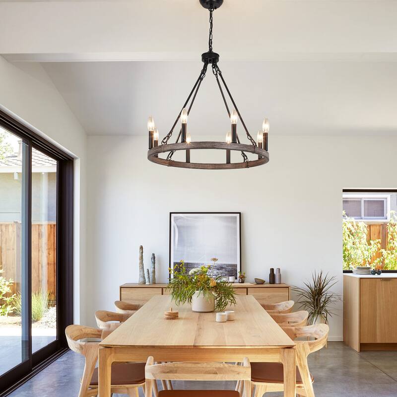 25.98" Wide 8-Light Farmhouse Chandelier, Wagon Wheel Chandelier for Dining Room Living Room Bedroom Kitchen