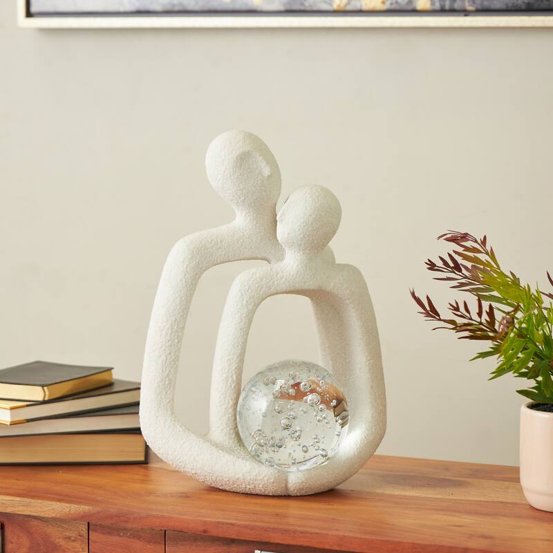 White Polystone Abstract Textured People Decorative Sculpture with Clear Glass Bubble Textured Orb and Black Speckles - White