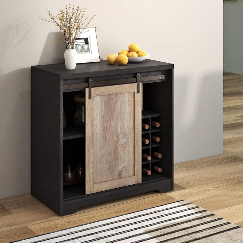 Farmhouse Sideboard and Buffet Cabinet with Wine Rack, Wine Bar Cabinet, Sliding Barn Door & Shelves - 31.5"W x 15.75"D x 31.5"H
