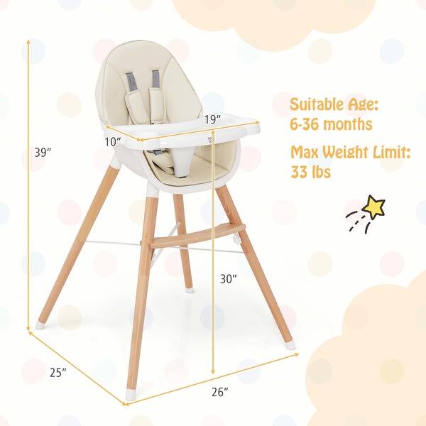 dimension image slide 1 of 2, Babyjoy Baby High Chair Wooden Feeding Chair with 4-Gear Tray & - See Details