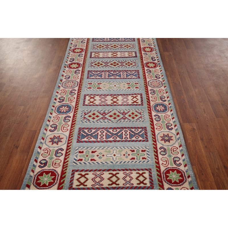 Geometric Blue Kazak Oriental Runner Rug Hand-Knotted Wool Carpet - 3'2" x 16'1"